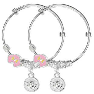 吴越老银铺可爱儿童银手镯珐琅彩蝴蝶花朵银饰宝宝满月礼银手镯