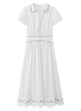 【夏末】夏季韩系温柔大方裙子彩色绣花白色系带翻领连衣裙女