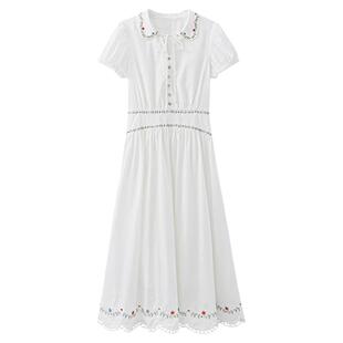 【夏末】夏季韩系温柔大方裙子彩色绣花白色系带翻领连衣裙女