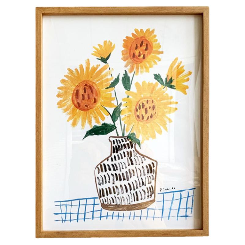 向日葵日系装饰画花卉简约有框画餐厅精致挂壁画书房客厅实木框画