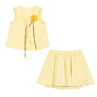 KEIKO 立体花朵黄色扭结上衣夏日多巴胺V领无袖衬衫+短裙两件套装