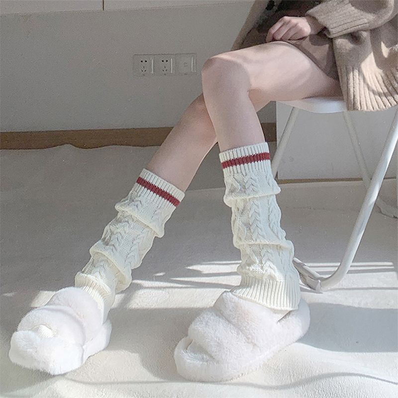 美拉德拼色针织麻花袜套秋冬保暖米白色中筒堆堆袜腿套配雪地靴子