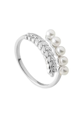 s925纯银麦穗仿珍珠戒指女生精致通勤简约叶子拼接开口食指环尾戒