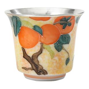 足银999纯手工包银杯手绘柿柿如意主人杯精致品茗杯茶具茶器 秋实