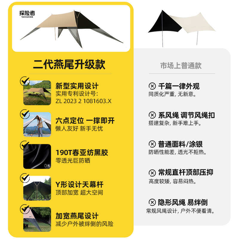 探险者懒人天幕帐篷户外露营免搭建速开免风绳黑胶防晒Y杆6-12人