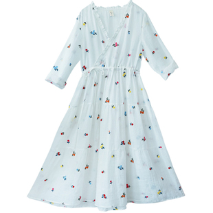 现货【飞花令】文艺刺绣交领连衣裙女夏季苎麻浪漫温柔裙子显气质