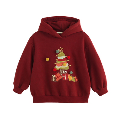 女童圣诞红色加绒连帽卫衣冬装