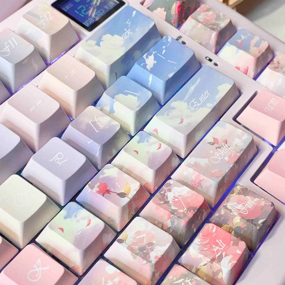 缤纷玫瑰侧刻透光热升华键帽适配于hi75/hi8磁轴wooting客制化