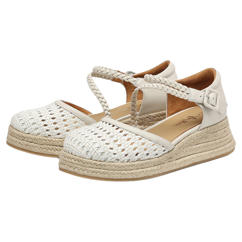 MILLIE'S/妙丽圆头平底编织镂空设计感麻花扣带草编厚底包头凉鞋