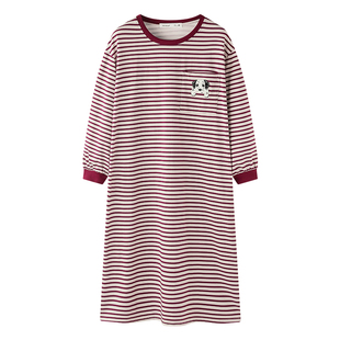 贝妍睡衣女春秋新款柔软棉长袖简约条纹睡裙可外穿少女大码连衣裙