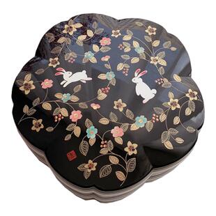 现货日本进口山中漆器黑色樱兔子双层糖盒野餐盒点心盒坚果收纳盒