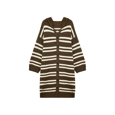 安妮不火 连帽V领撞色条纹北极绒毛衣外套女微胖大码中长款毛织衫