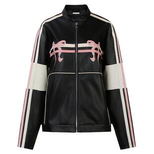 GUUKAHERO黑粉蝴蝶结拼色机车PU皮衣夹克女 硬核辣妹复古阔形外套