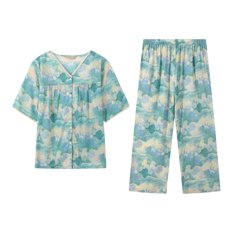 夏季女士纯棉印花V领短袖家居服