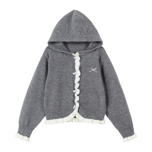 NORNOR陈大猪童装女童连帽开衫冬季新款灰色洋气加厚儿童针织外套
