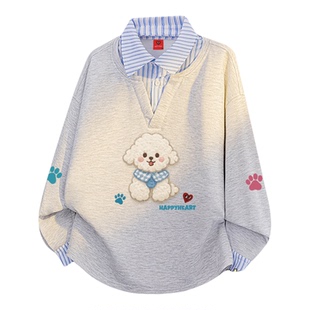 查尔斯桃心小狗印花衬衫领卫衣男女冬季新款加绒加厚休闲百搭上衣