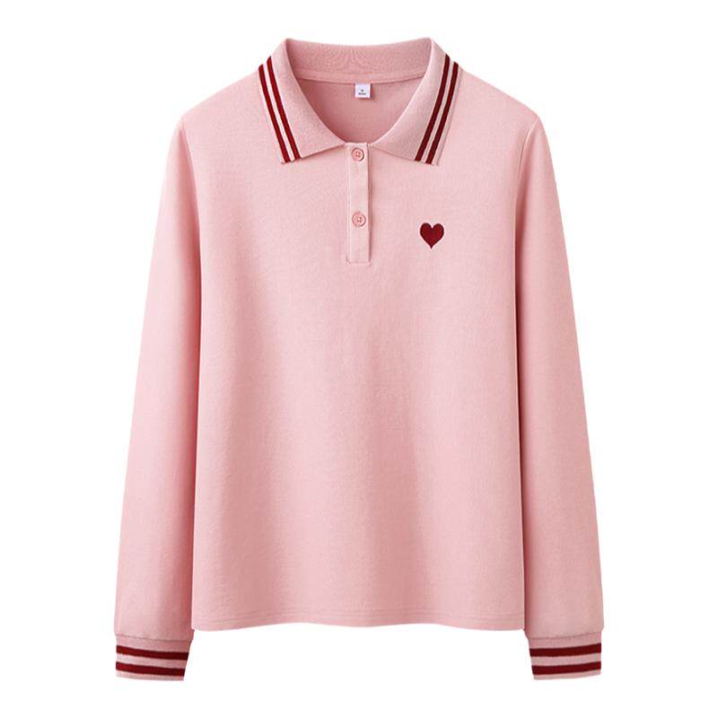 艾米恋polo衫女长袖春秋翻领粉色上衣学生运动带领打底衫白色t恤