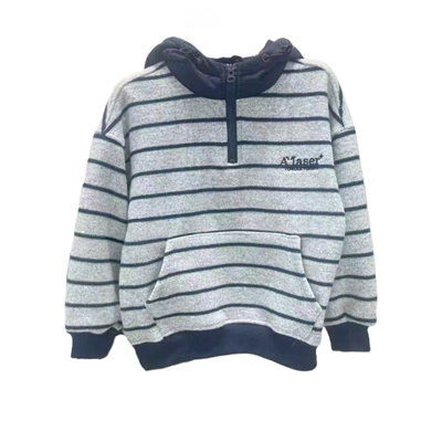 男女童一体绒条纹半拉链连帽卫衣