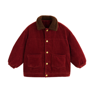 砚台家女童灯芯绒新年红色夹克外套冬装新款宝宝加绒加厚保暖棉衣