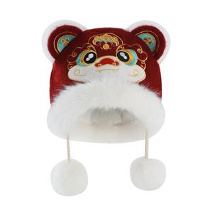 宝宝新年帽子冬季男孩国风刺绣加绒虎头帽女婴儿童红色保暖套头帽