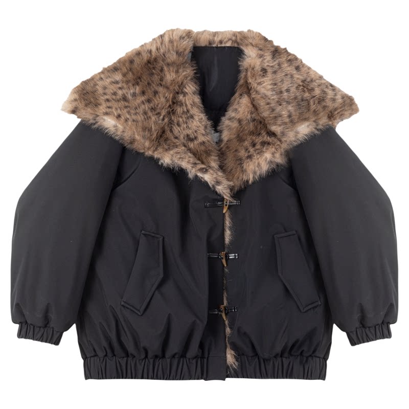 KEIKO环保豹纹毛领加厚派克棉服