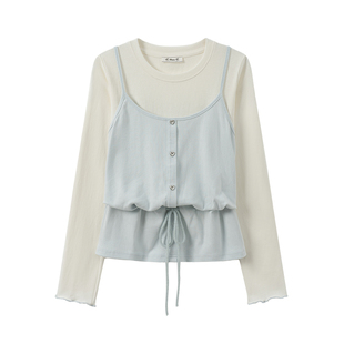 奶油的宇宙 绑带撞色拼接假两件长袖上衣女日系甜美收腰早秋内搭