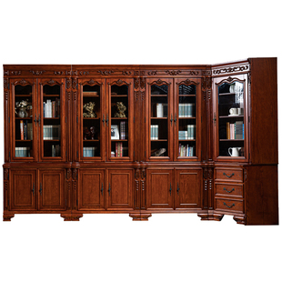 奢华欧式书桌书柜组合转角实木书橱带门雕花美式红橡木书房家具