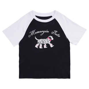 memoryin童装短袖T恤两个小朋友拼接插肩袖卡通斑点狗印花圆领T恤