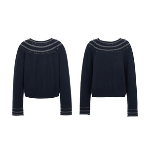 新品PALAVAS张婧仪同款蓝调时刻毛衣复古拼接圆领上衣手工针织女