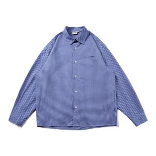 XBRO日系复古慵懒蓝格子显白小清新无性别宽松长袖衬衫男女衬衣bf