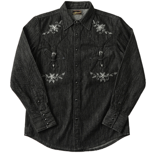 西部系列 纳什维尔9.8OZ斜纹黑丹宁酵洗绣花西部衬衫MBBCAR窄幅