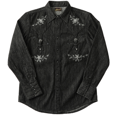 西部系列 纳什维尔9.8OZ斜纹黑丹宁酵洗绣花西部衬衫MBBCAR窄幅