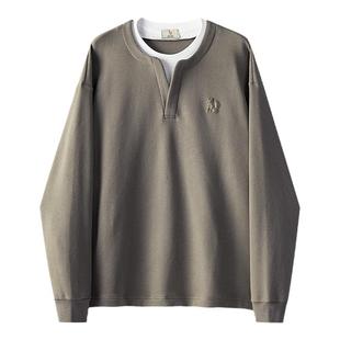 威廉福克斯春季新款长袖T恤男生假两件上衣男士休闲亨利领卫衣男