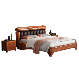 中式实木床乌金木双人大床主卧2米2加宽牛皮软靠床轻奢双人床原木