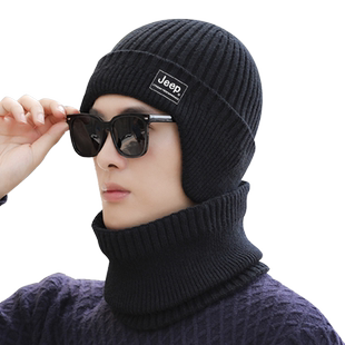 jeep吉普男士帽子冬季护耳围脖保暖棉防寒秋冬天针织加绒毛线帽男