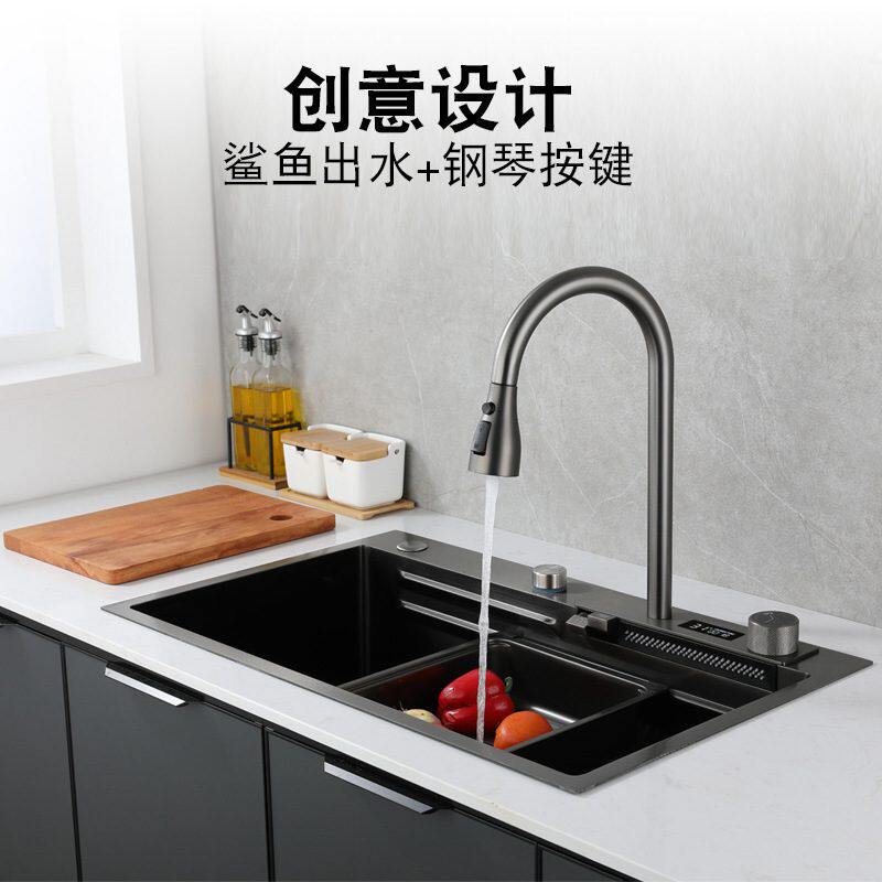 水槽一体式枪灰色大单槽厨房304洗菜水盆池台下盆洗碗槽飞雨水槽