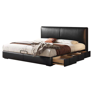 格调宣言现代简约黑色真皮床复古卧室小户型床豆腐块薄床头储物床