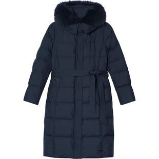 LK BENNETT深蓝羽绒服2025冬新款加厚保暖大毛领连帽修身显瘦