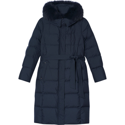 LK BENNETT深蓝羽绒服2025冬新款加厚保暖大毛领连帽修身显瘦