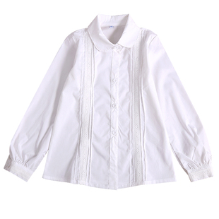 女童衬衣春秋装纯棉纯白色衬衫儿童长袖小学生大女孩校服蕾丝童装