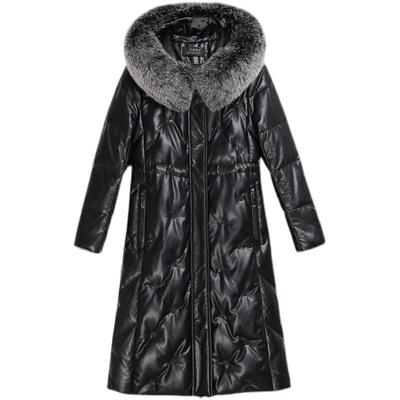 连帽真皮羽绒服女中长款2025冬季新款宽松大码绵羊皮加厚皮衣外套