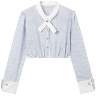 KBNE淡蓝色花苞闪钻织条纹欧若精灵风衬衫女夏季新款通勤百搭女装