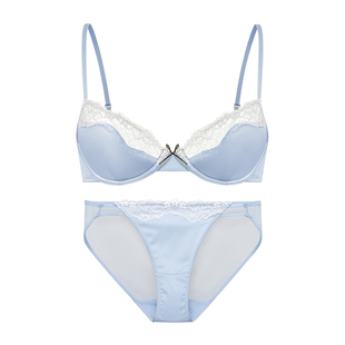 弗利少女法式内衣缎面蕾丝拼接软钢圈超薄文胸小胸性感胸罩套装