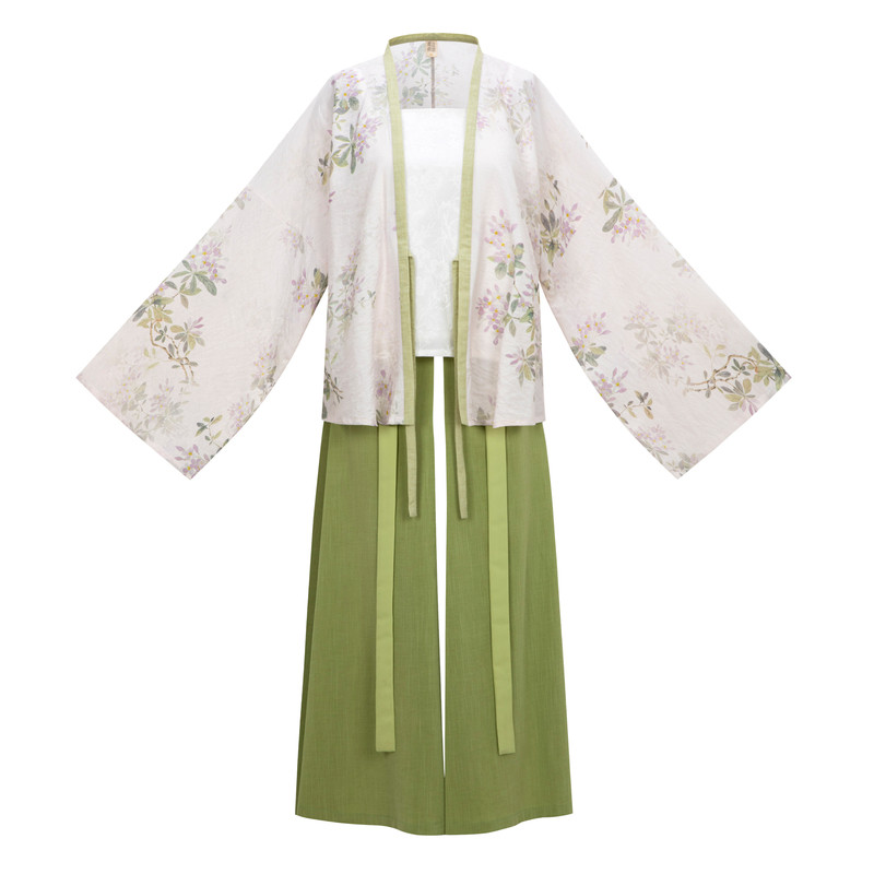 【观止织造｜春晓】宋制汉服对穿交三裥裙绿色印花春夏日常清新风
