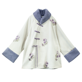 现货【虞歌子】复古新中式国风毛呢外套女冬季毛绒领盘扣印花大衣