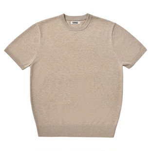 柴米重磅圆领老钱风短袖T恤男士修身休闲针织衫美式上衣复古咔叽