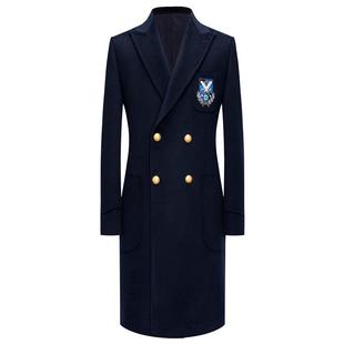 本派羊绒羊毛金扣商务休闲徽章深藏蓝手工修身风衣大衣男上衣潮流