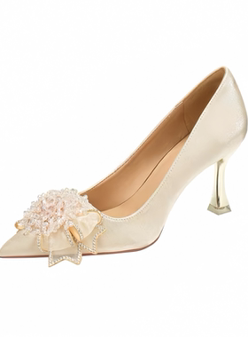 法式水钻花朵婚鞋女秀禾婚纱两穿新娘鞋敬酒绸缎面高跟鞋平时可穿