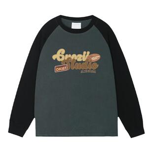 Guozii暗灰色插肩长袖t恤女美式复古街头小个子打底衫宽松上衣秋