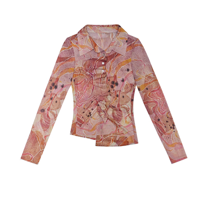 LUCENCY AW25 网纱印花衬衫 不对称花边门襟通勤百搭上衣